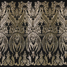Load image into Gallery viewer, A panel of Amelia. Early Hollywood-inspired design with embroidered gold sequin on a black stretch mesh base.