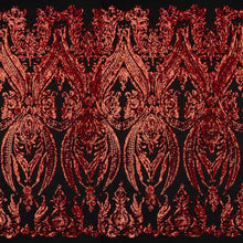 Load image into Gallery viewer, A panel of Amelia. Early Hollywood-inspired design with embroidered red sequin on a black stretch mesh base.