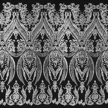 Load image into Gallery viewer, A panel of Amelia. Early Hollywood-inspired design with embroidered silver sequin on a black stretch mesh base.