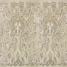 Load image into Gallery viewer, A panel of Amelia. Early Hollywood-inspired design with embroidered gold sequin on a tan stretch mesh base.