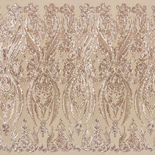Load image into Gallery viewer, A panel of Amelia. Early Hollywood-inspired design with embroidered rose gold sequin on a tan stretch mesh base.