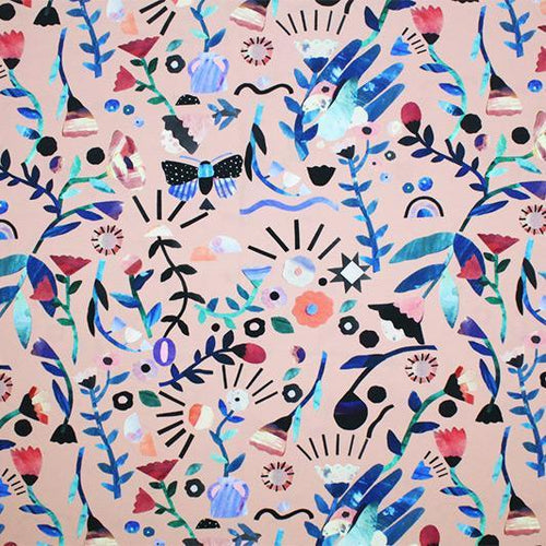 A flat sample of Paper Cutout Garden Printed Spandex.
